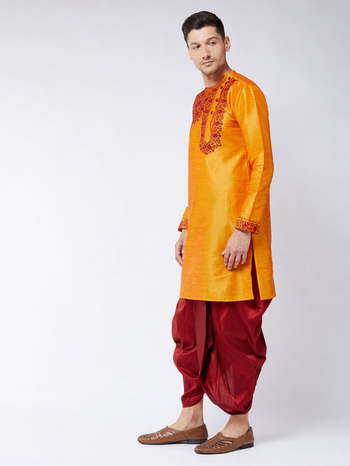 Vastramay Men's Orange And Maroon Silk Blend Kurta and Dhoti Set